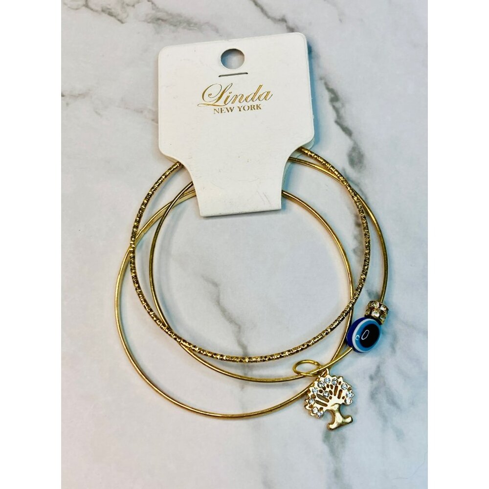 Gold-Tone Bangle Bracelet Set Tree Charm Evil Eye Bead Linda New York -329